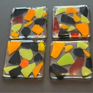 Fused Art Glass Coasters Barware Drink Abstract Geometric Black Orange MCM 4x